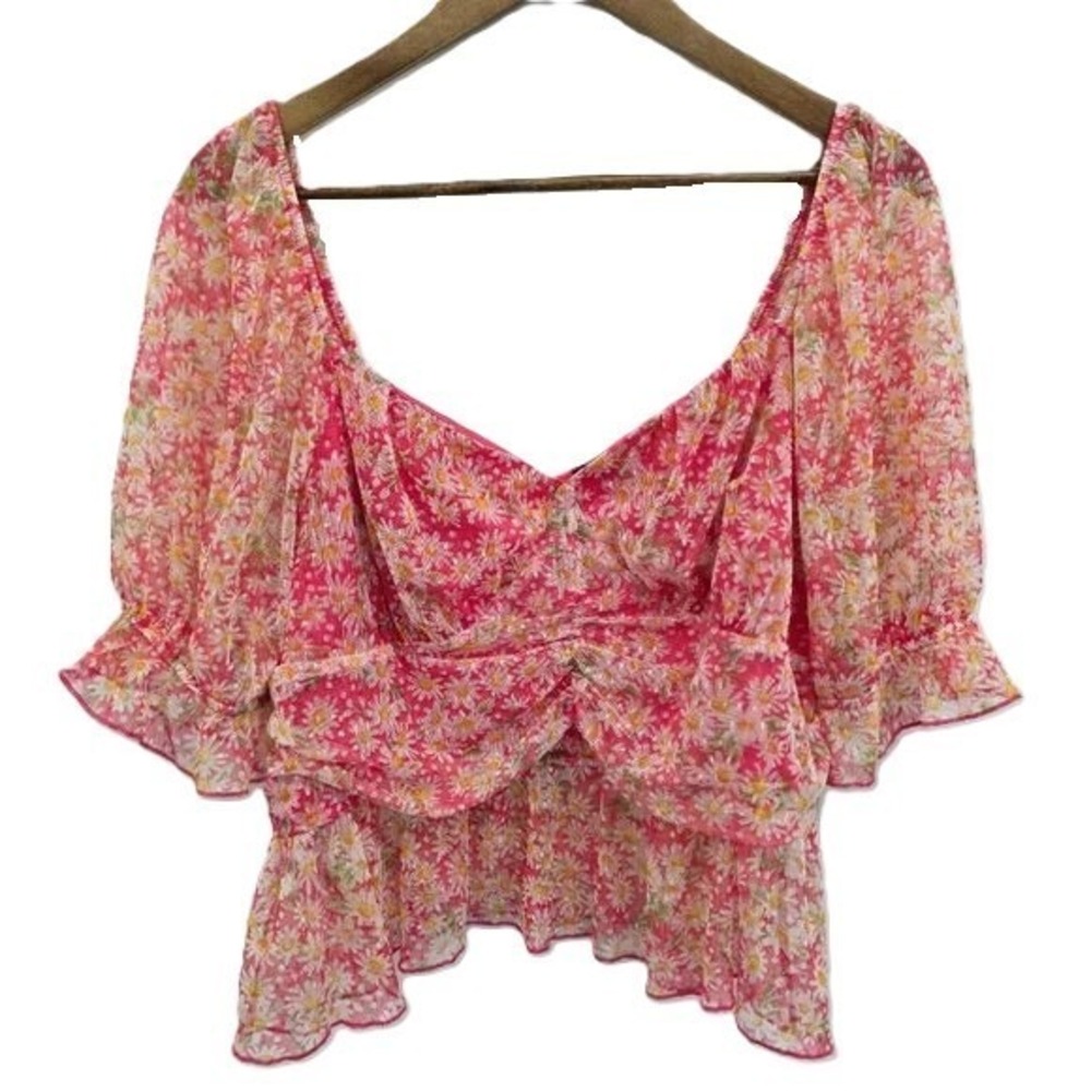 Womens Y2K Pink Floral Peplum Top Size 2X Puff Sleeve Sheer Fairy Cottagecore
